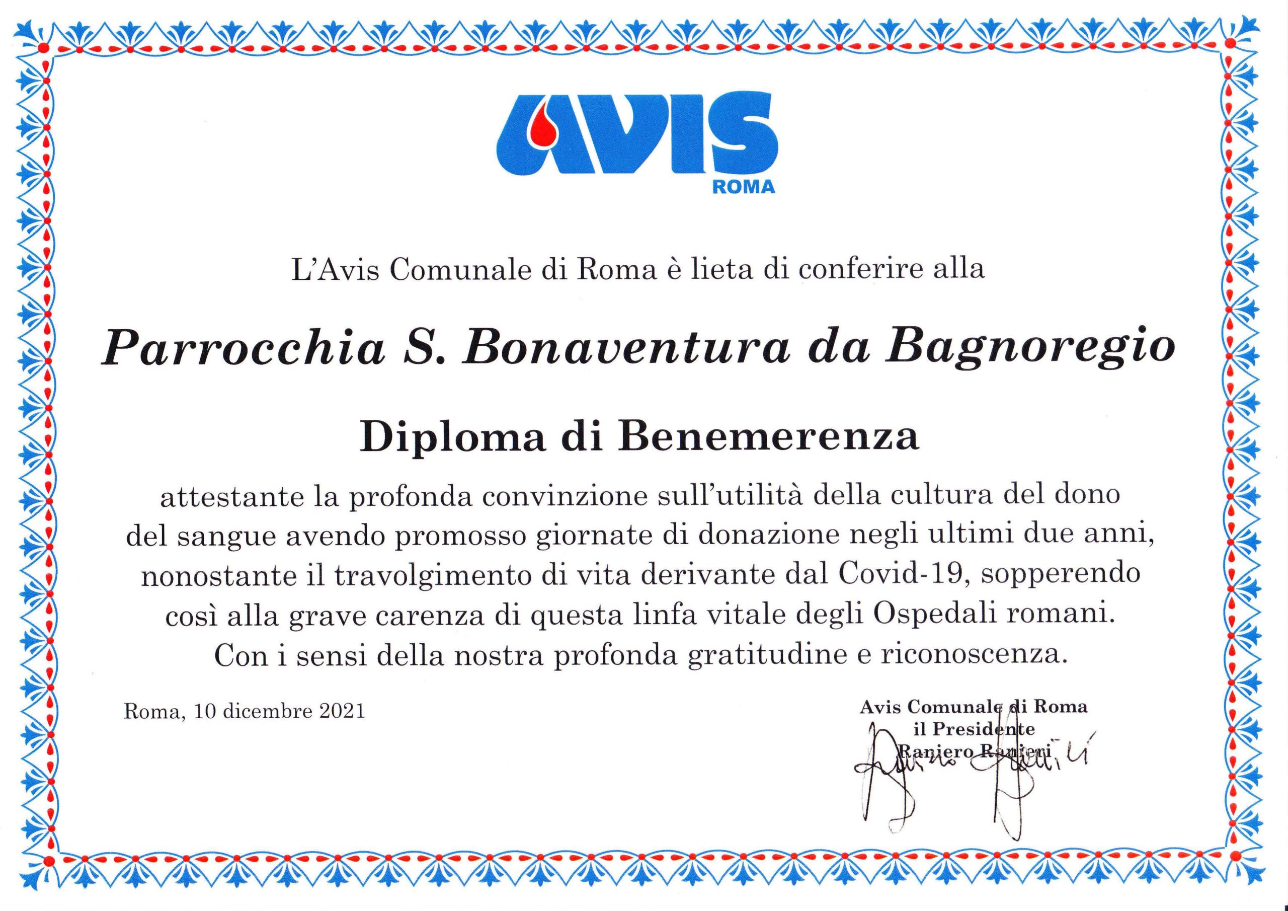 Diploma di Benemerenza  dall’AVIS Comunale di Roma